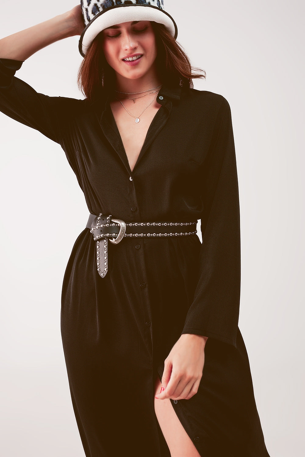 Slouchy plunge shirt maxi dress in black Q2 Dresses BoutiqueLua