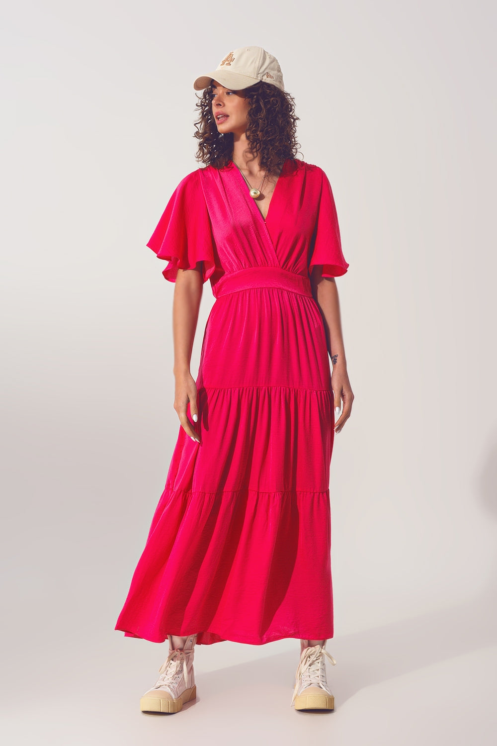 Smock V Neck Maxi Dress in fucsia Q2 Dresses BoutiqueLua