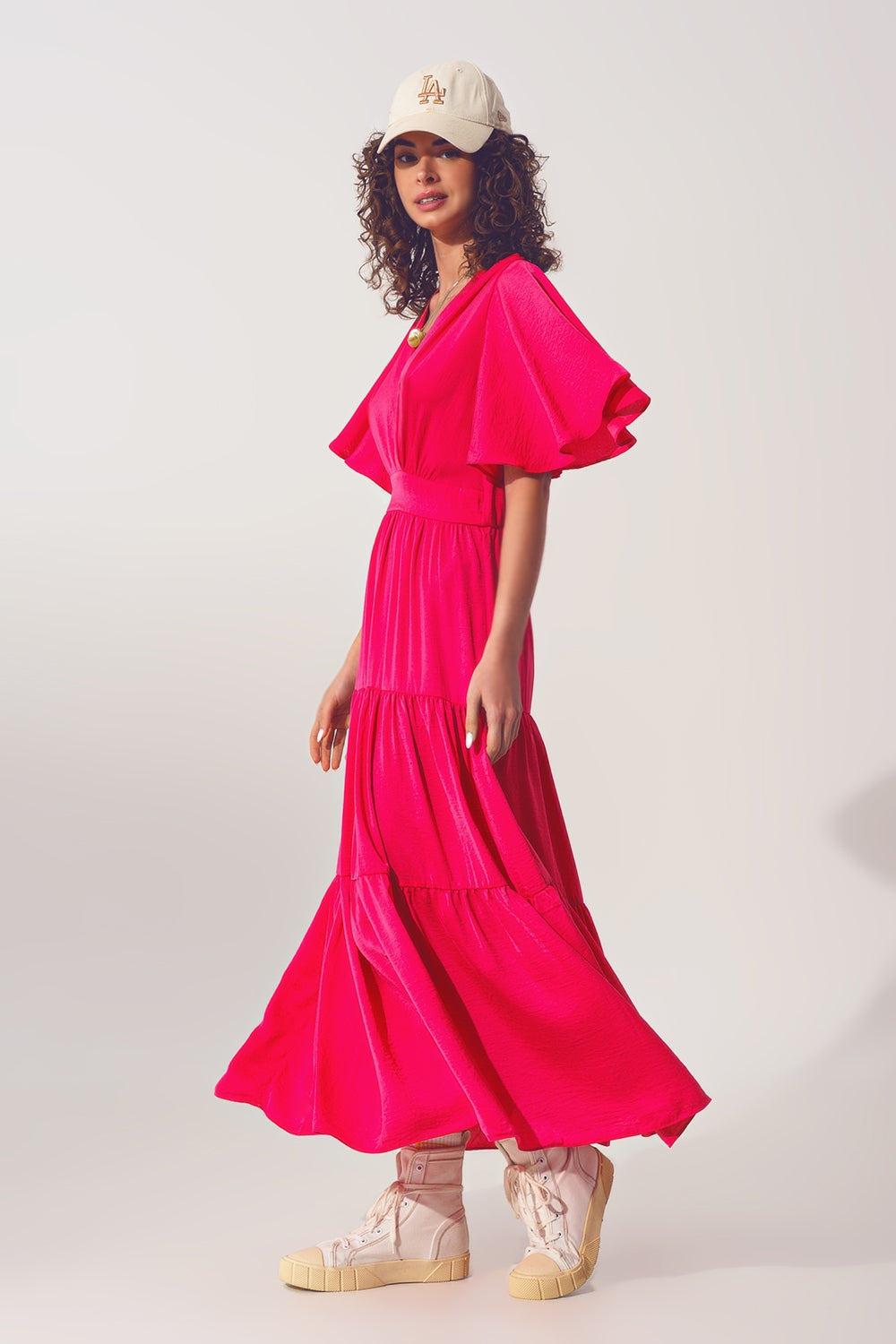 Smock V Neck Maxi Dress in fucsia Q2 Dresses BoutiqueLua