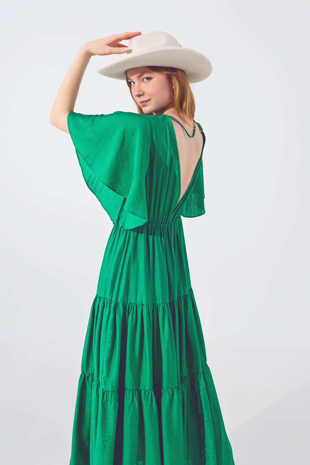 Smock V Neck Maxi Dress in Green Q2 Dresses BoutiqueLua