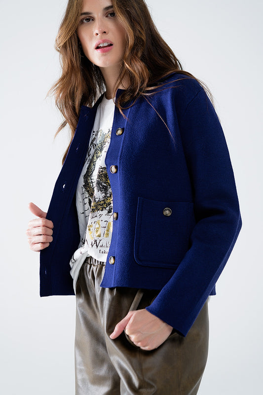 Soft knit cardigan in ink blue with front pockets - Cardigans