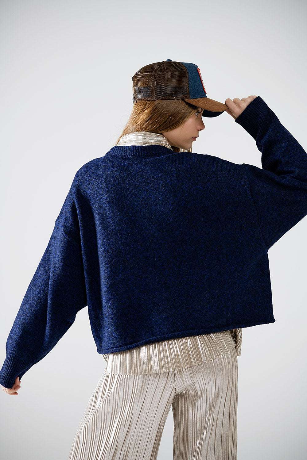 Soft knit navy jumper with balloon sleeves