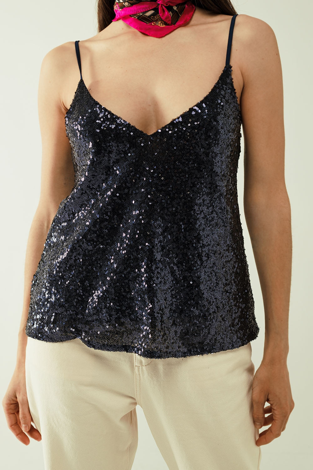 Spaguetti Strap Top With Deep V-Neckline In Navy Sequins Q2 Tops BoutiqueLua