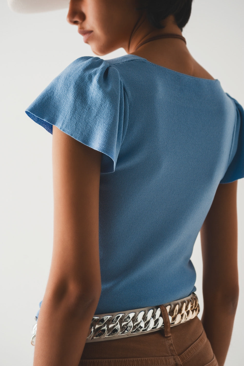 square neck puff sleeve sweater in blue Q2 Sweaters BoutiqueLua