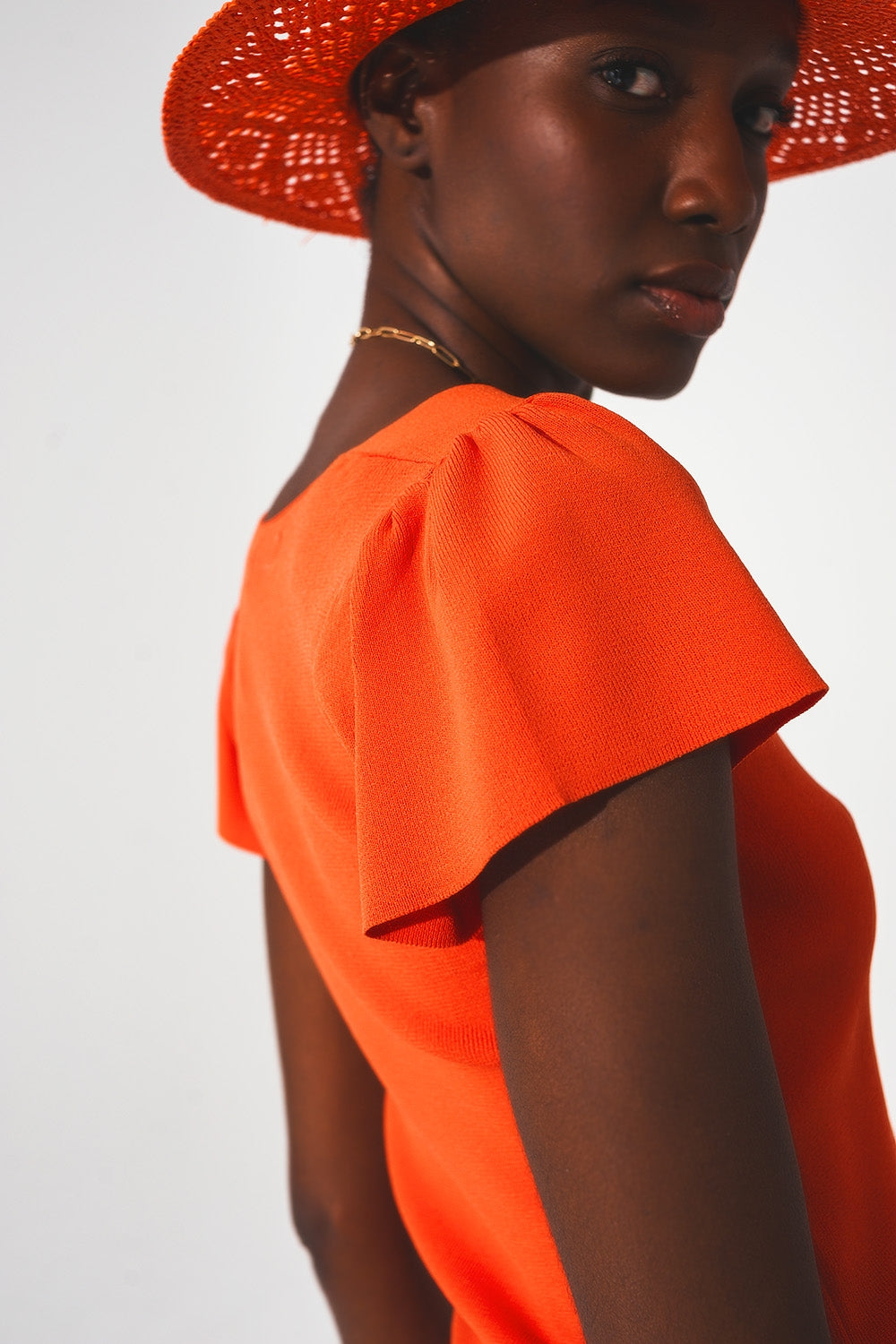 square neck puff sleeve sweater in orange Q2 Sweaters BoutiqueLua