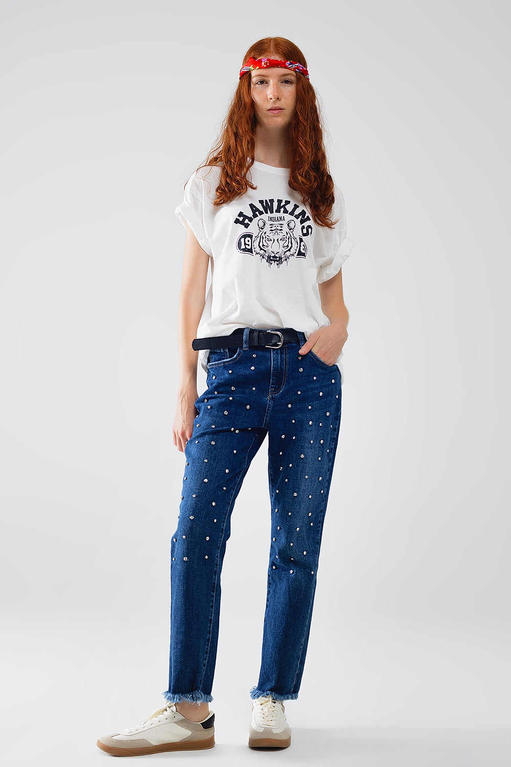 Straight Blue Jeans With Strass Front Details And Frayed Ends - Jeans