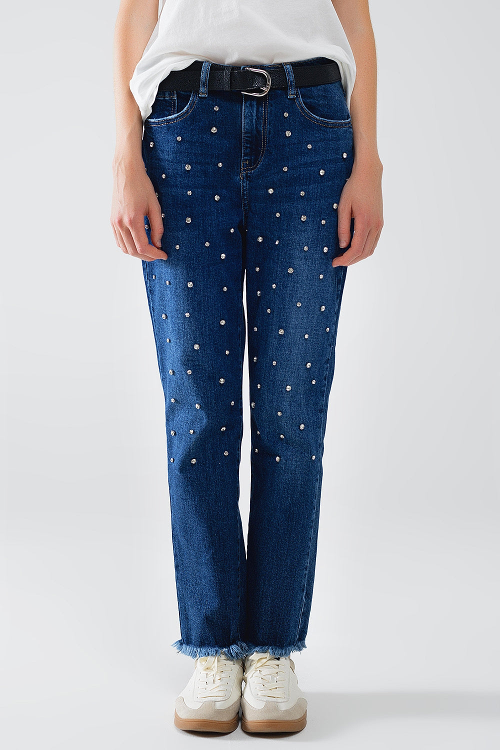 Straight Blue Jeans With Strass Front Details And Frayed Ends - Jeans