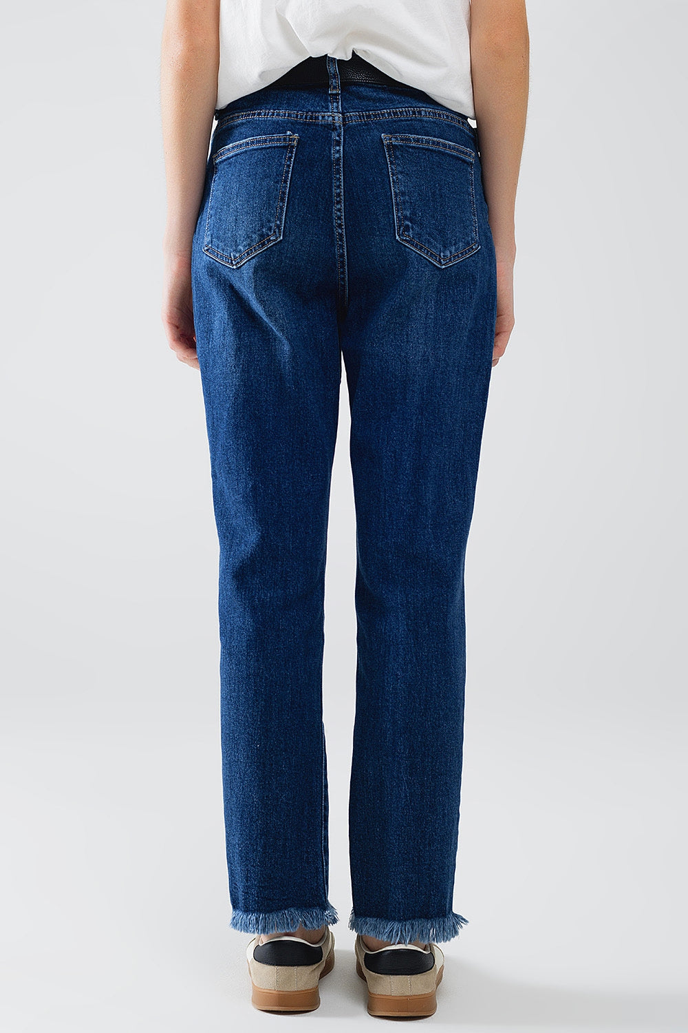 Straight Blue Jeans With Strass Front Details And Frayed Ends - Jeans