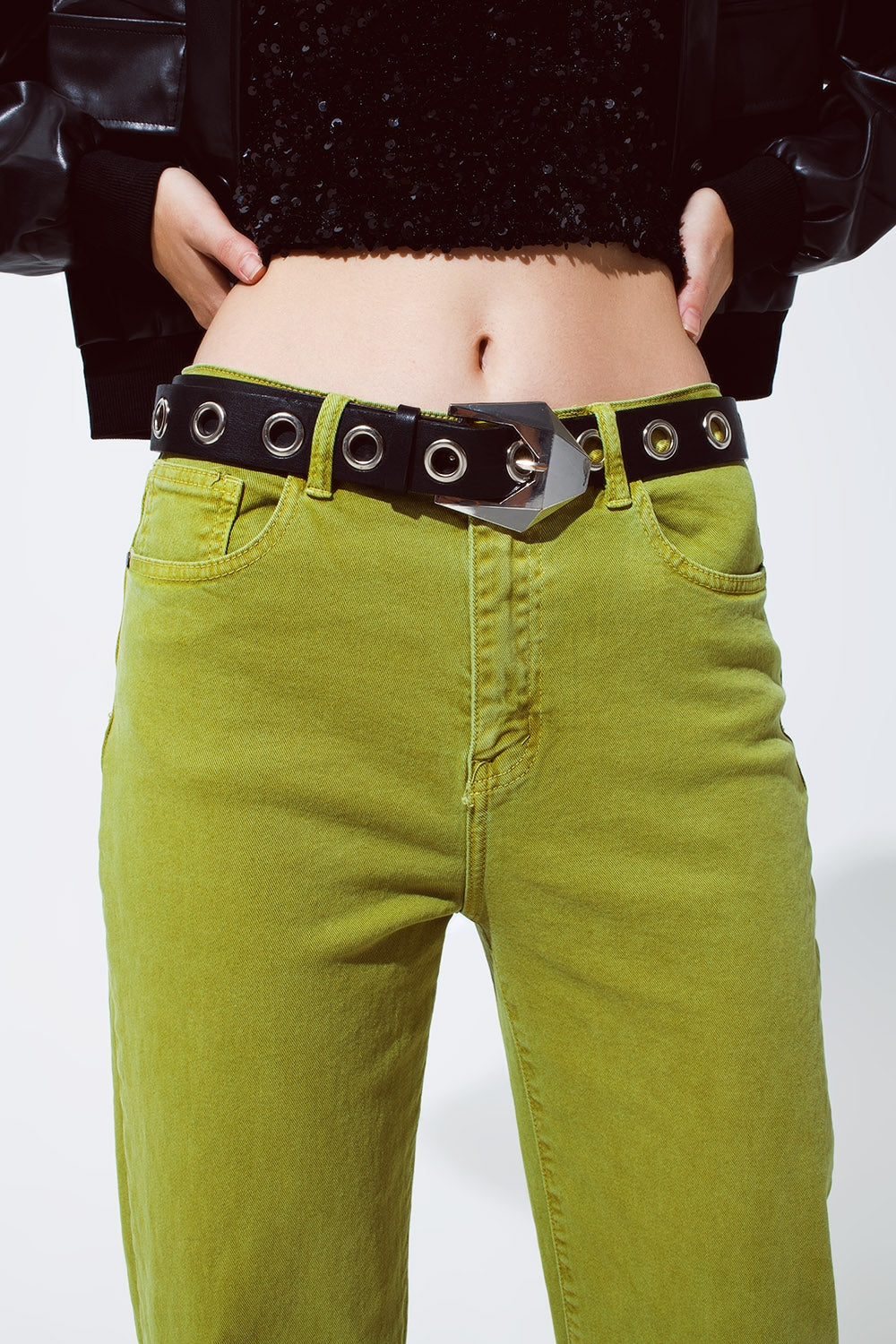 Straight Leg Jeans with Cropped Hem in olive green Q2 Jeans BoutiqueLua