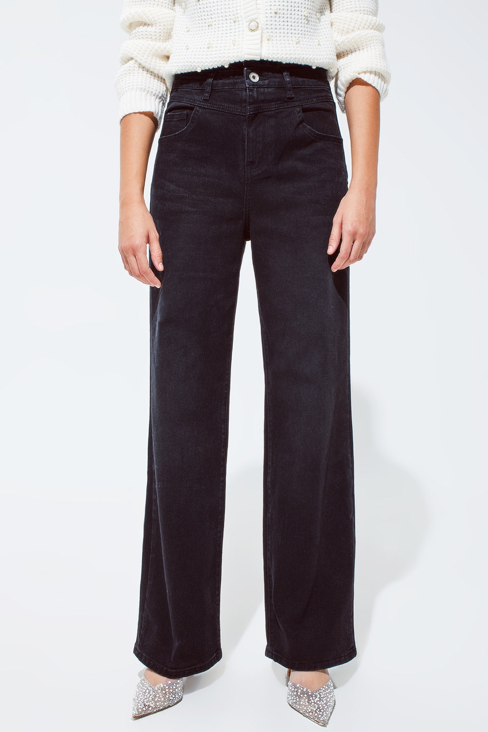Straight leg Jeans with Waist Stitching Detail in Black - Jeans