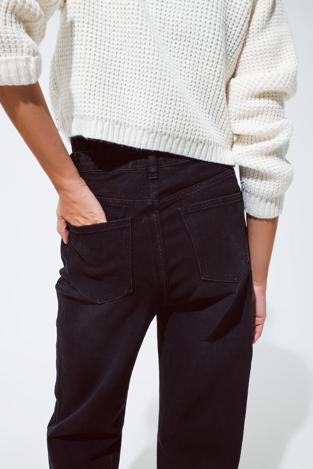 Straight leg Jeans with Waist Stitching Detail in Black - Jeans