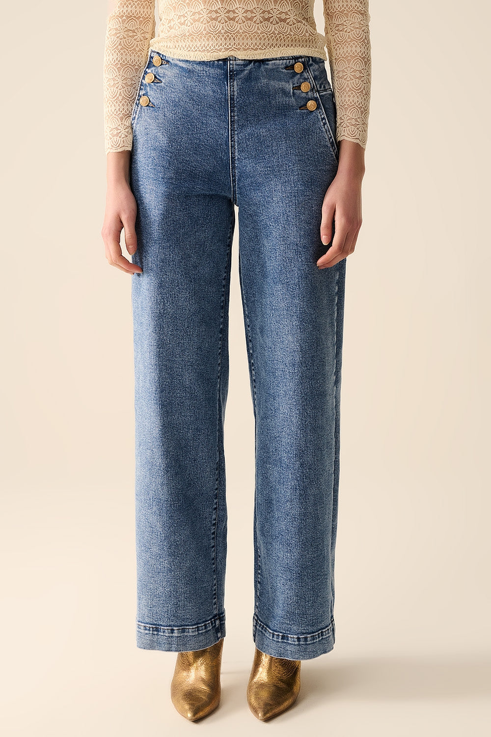 Straight Leg Marine Jeans With Gold Buttons in Mid Wash - Jeans