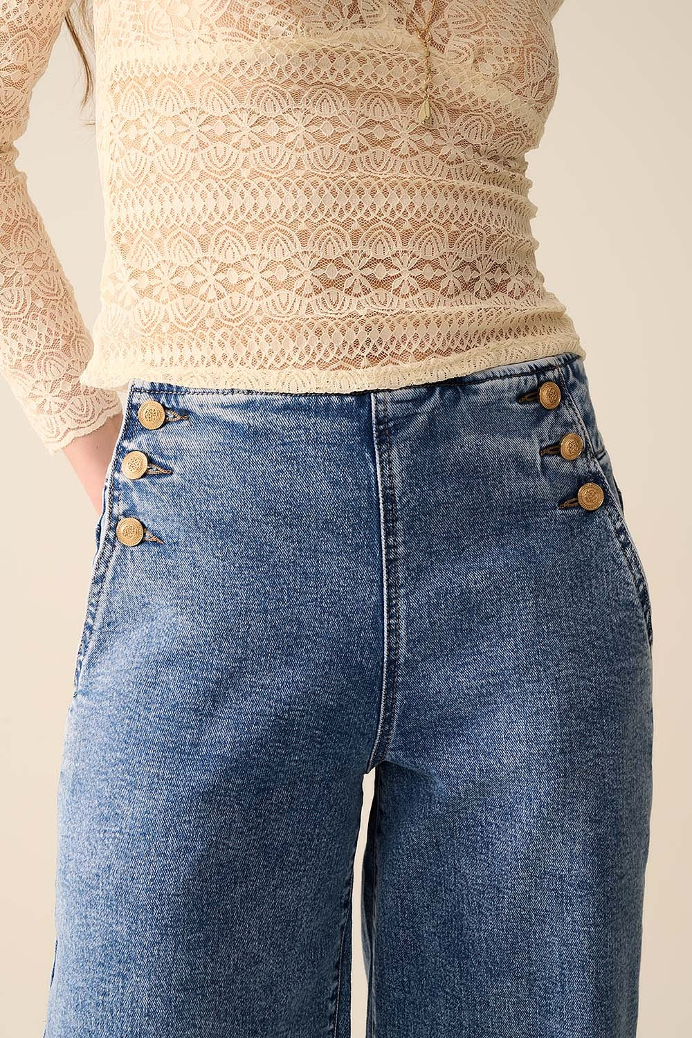 Straight Leg Marine Jeans With Gold Buttons in Mid Wash - Jeans