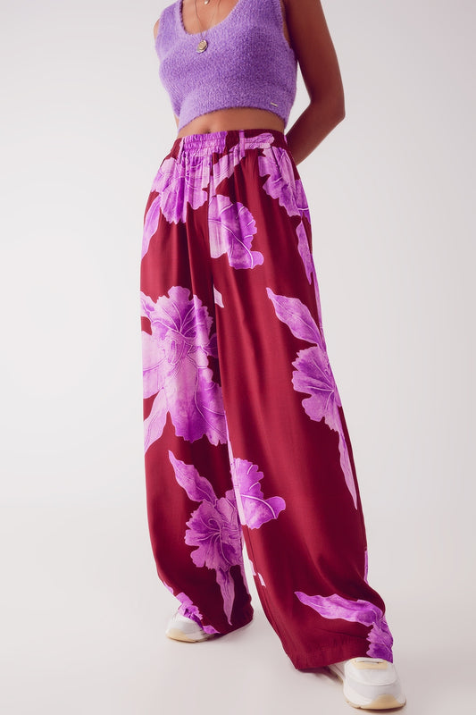Straight leg pants in fuchsia abstract flower - Pants