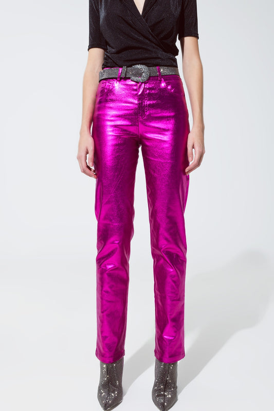 Straight Metallic Pants in Fuchsia - Pants