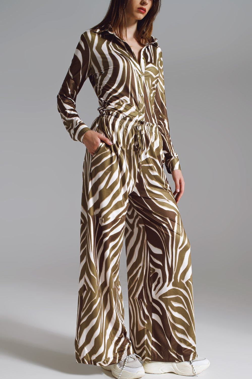 Straight Pants with zebra print in Olive Green and White Q2 Pants BoutiqueLua