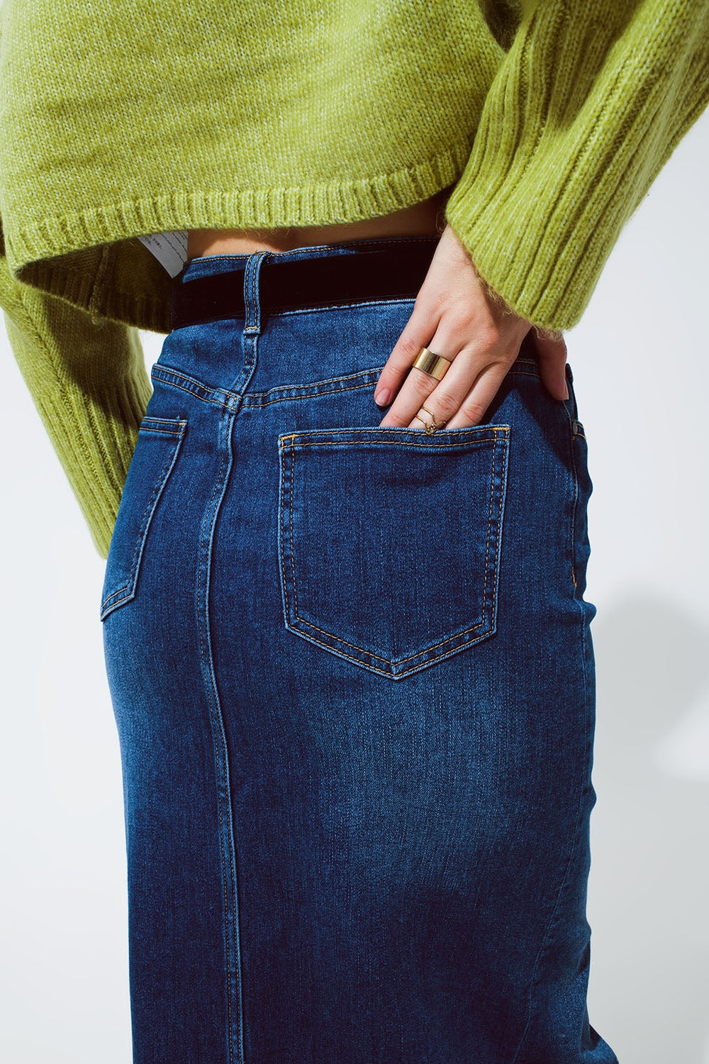Stretch Denim Maxi Skirt With Slit At The Front In Mid Wash Q2 Skirts BoutiqueLua