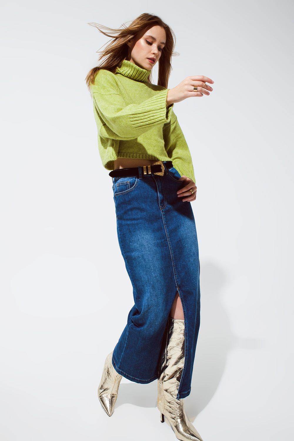 Stretch Denim Maxi Skirt With Slit At The Front In Mid Wash Q2 Skirts BoutiqueLua
