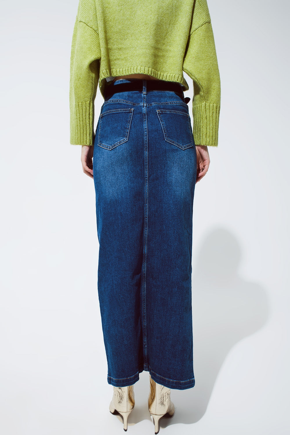 Stretch Denim Maxi Skirt With Slit At The Front In Mid Wash Q2 Skirts BoutiqueLua