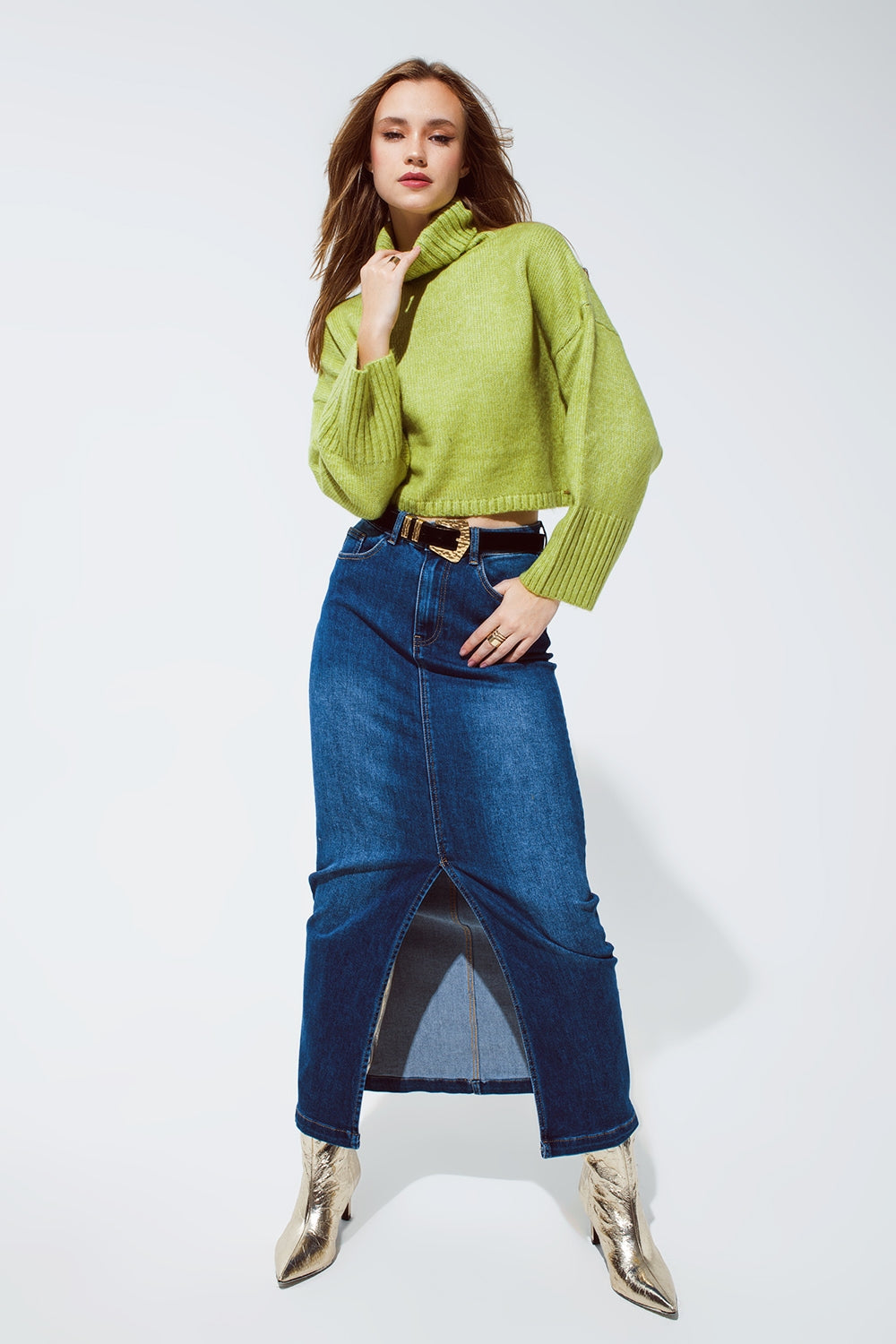 Stretch Denim Maxi Skirt With Slit At The Front In Mid Wash Q2 Skirts BoutiqueLua