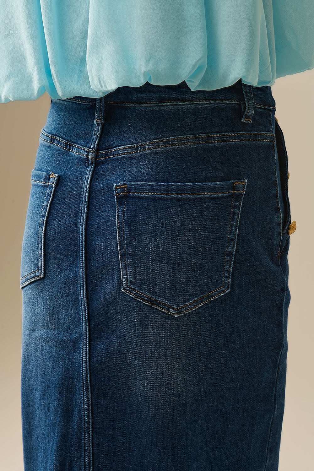 Stretch Denim Midi Skirt With Gold Button Details - Skirts