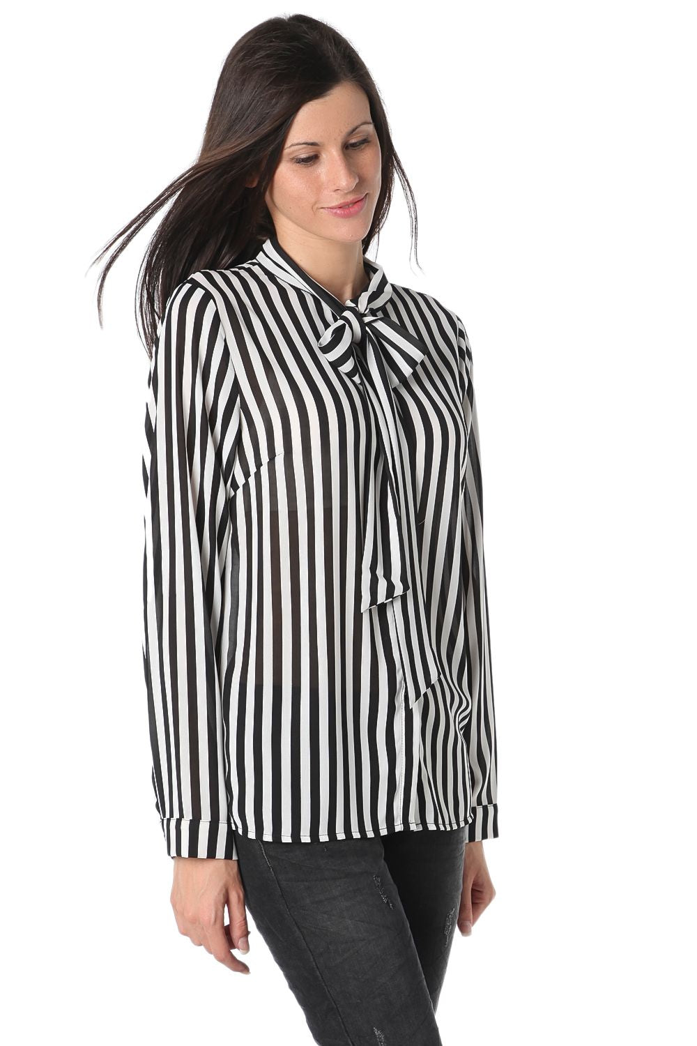 Striped tie front chifon long sleeve shirt - Shirts