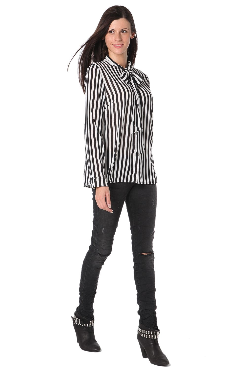 Striped tie front chifon long sleeve shirt - Shirts