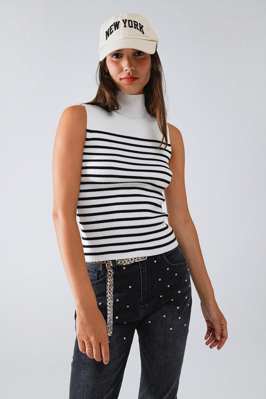 Striped Turtle Neck Tank Top In White - Jumpers
