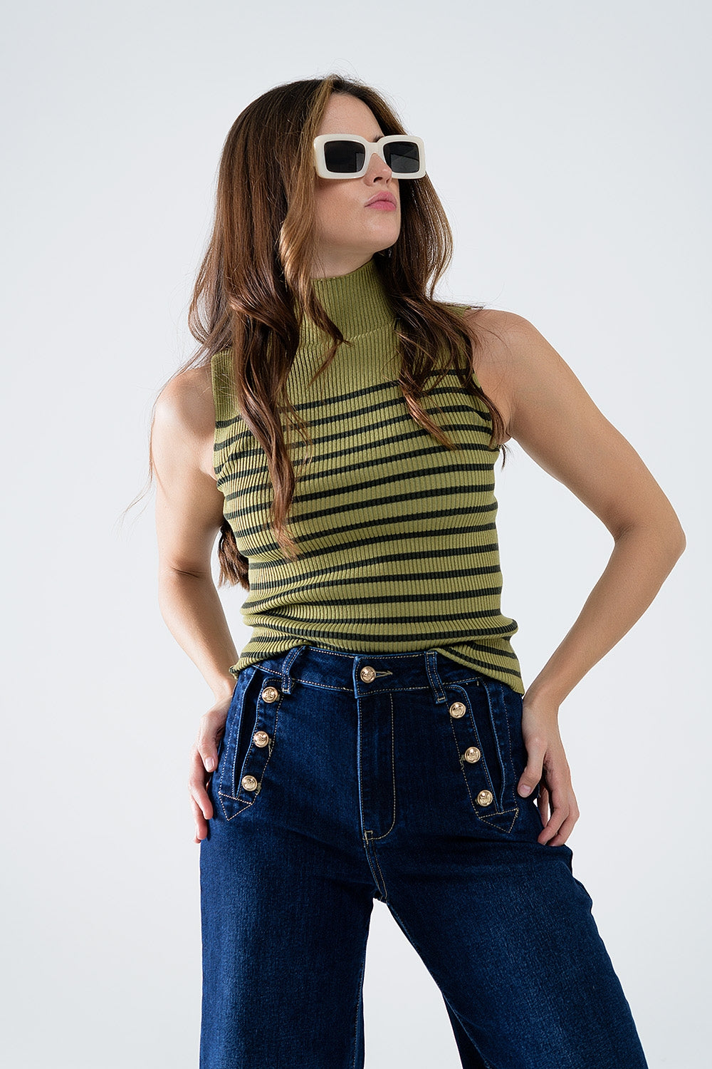 Pull rayé tortue en vert olive