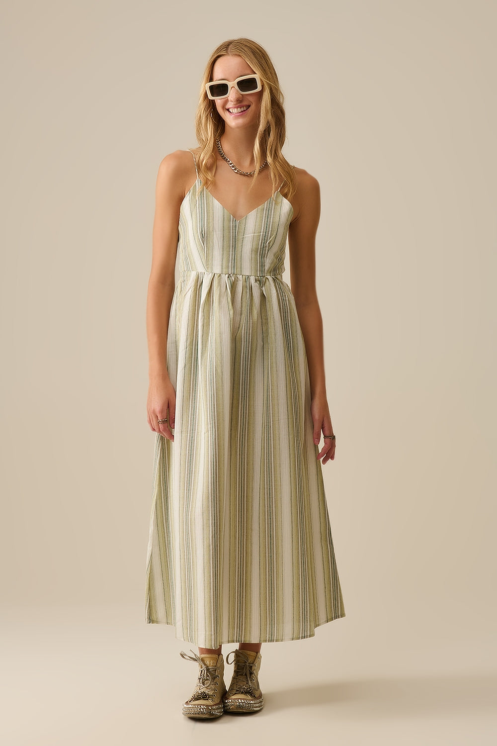 Striped V-Neck Strappy Dress in Green - Dresses