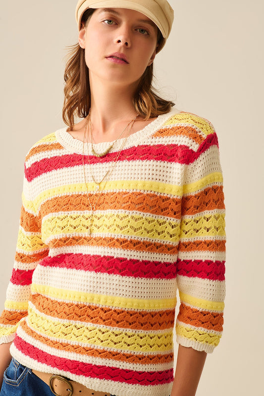 Summer Knitted Striped Sweater in Warm Tones - Jumpers