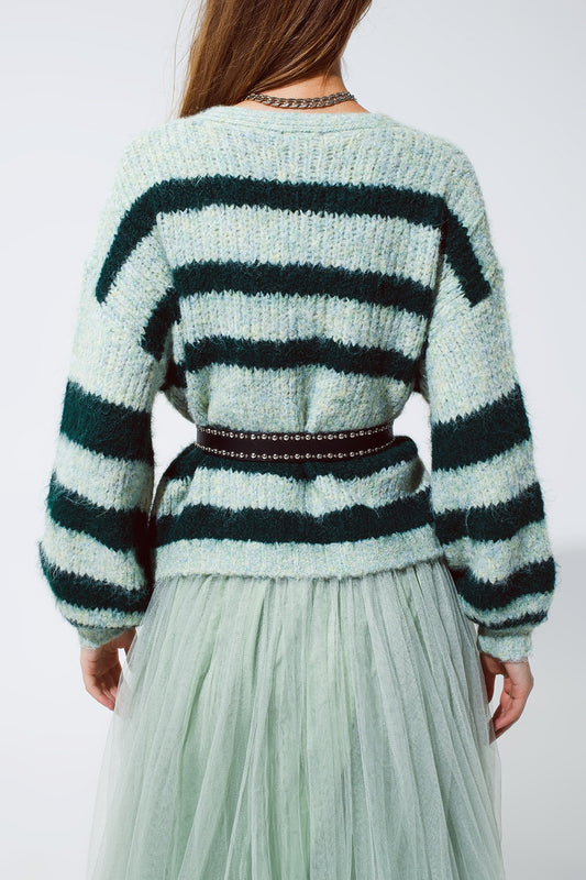 Super Fluffy Oversized Cardigan in Striped Green Design - Cardigans