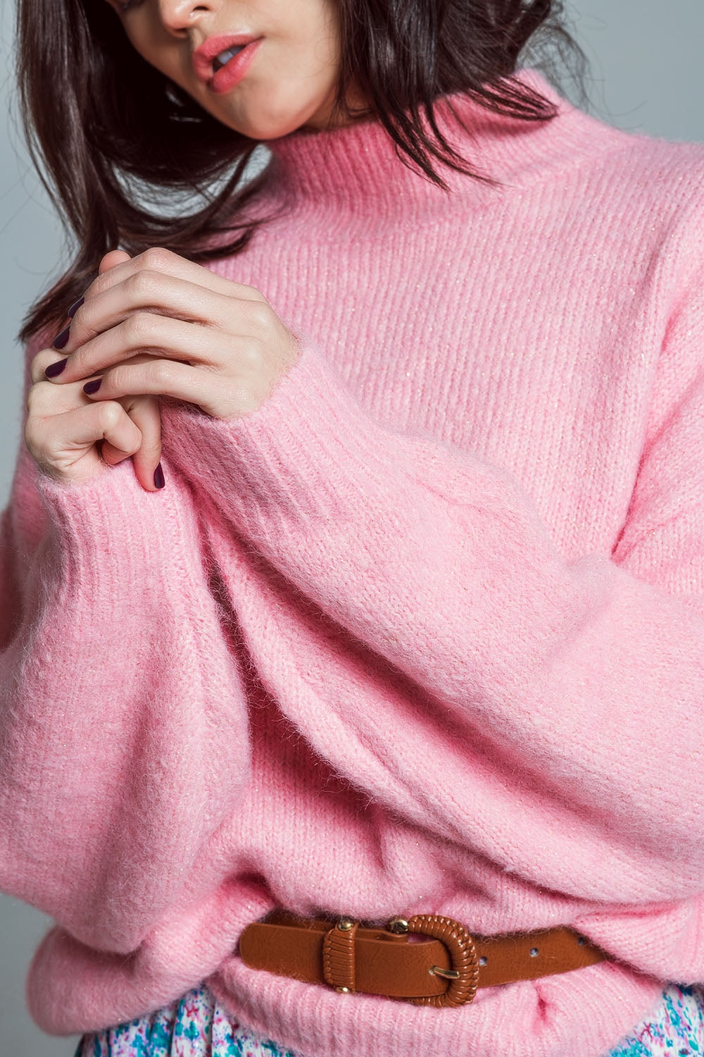Super Oversized Jumper With High Neck and Balloon Sleeves in Pink - Jumpers