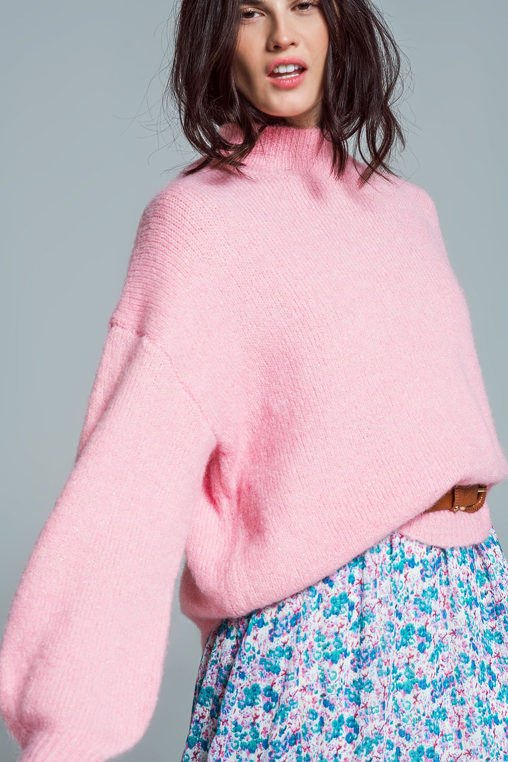 Super Oversized Jumper With High Neck and Balloon Sleeves in Pink - Jumpers