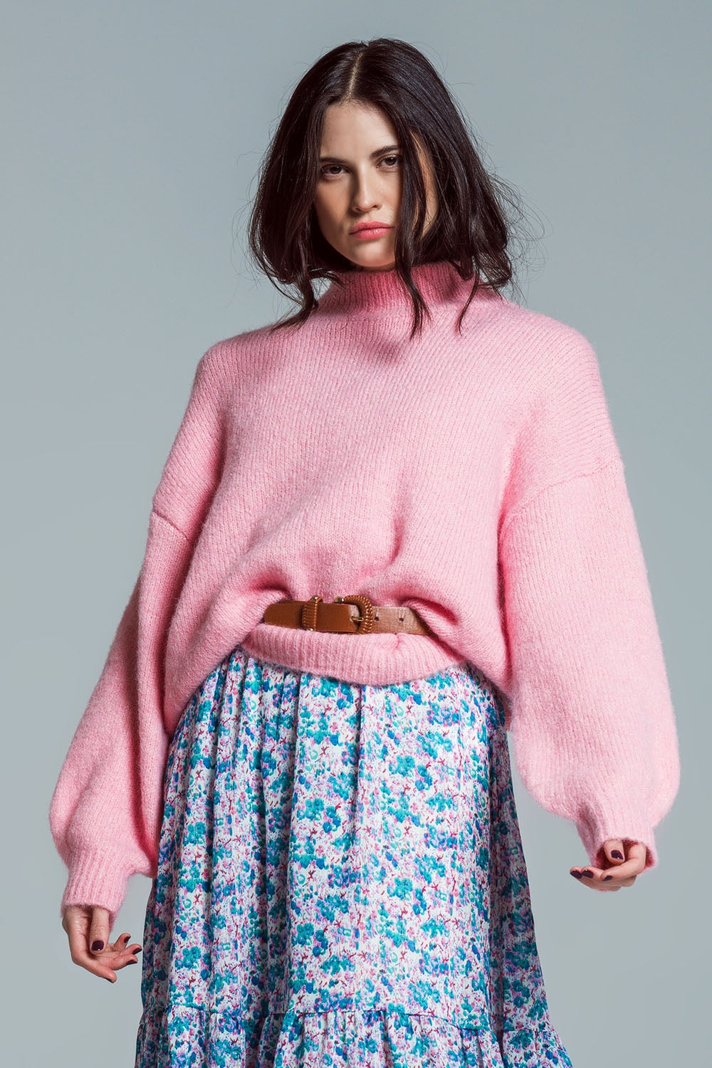 Super Oversized Jumper With High Neck and Balloon Sleeves in Pink - Jumpers
