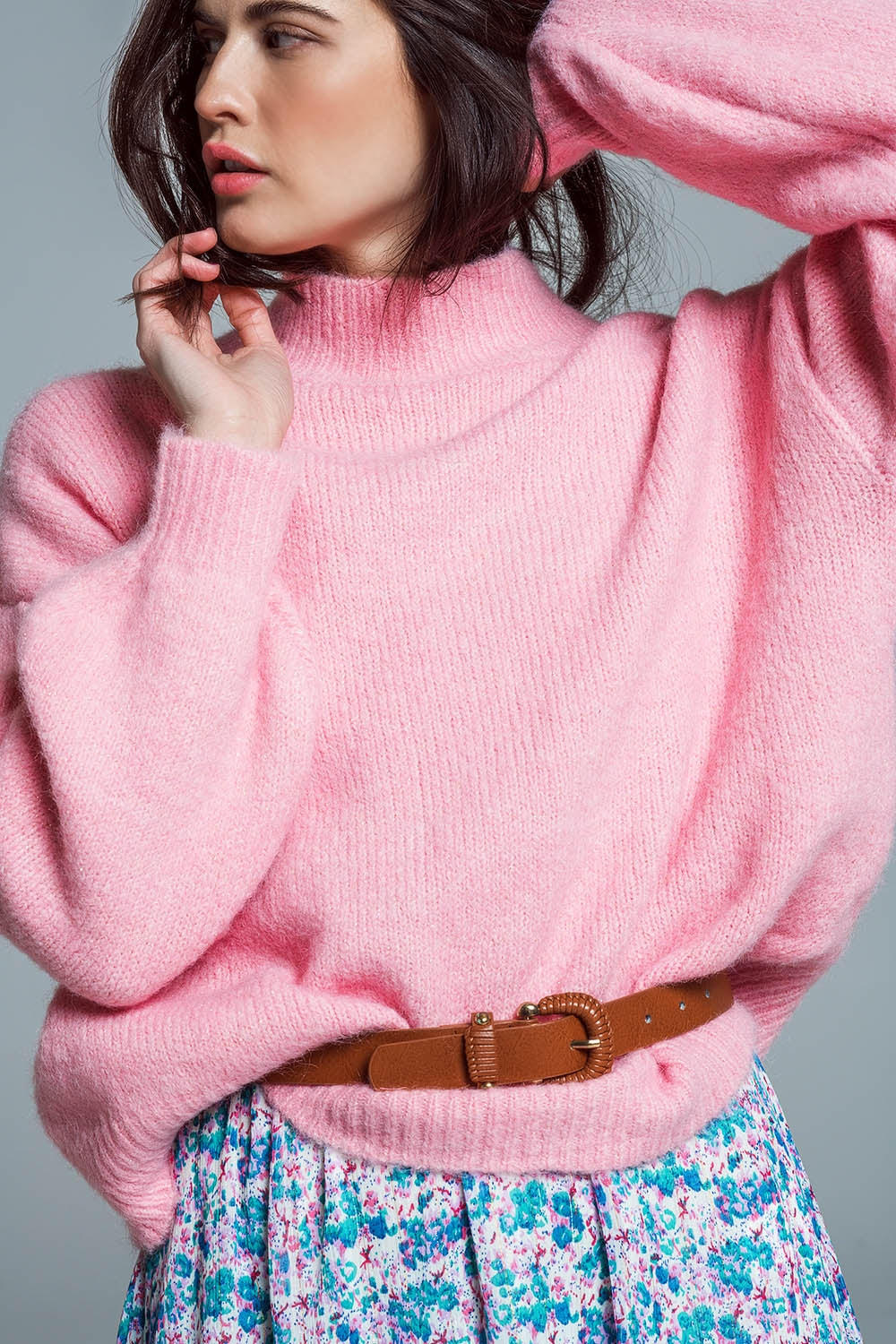 Super Oversized Jumper With High Neck and Balloon Sleeves in Pink - Jumpers