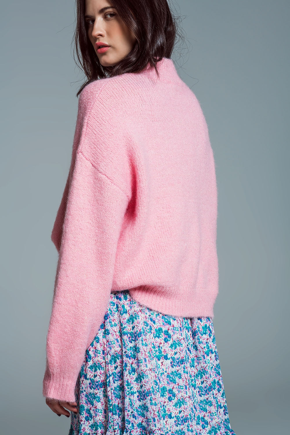 Super Oversized Jumper With High Neck and Balloon Sleeves in Pink - Jumpers