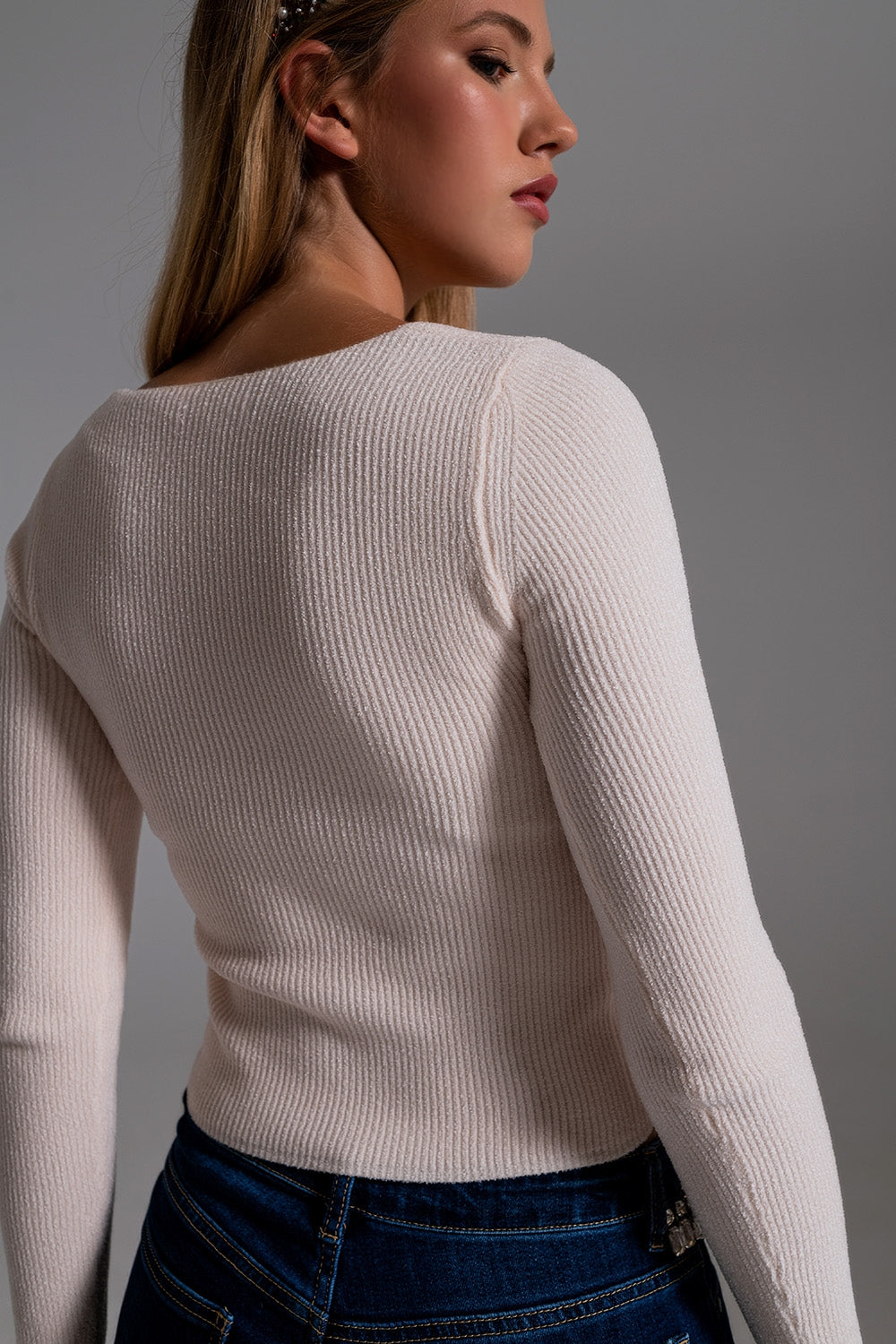 Sweetheart Neckline Chenille Sweater in cream Q2 Sweaters BoutiqueLua
