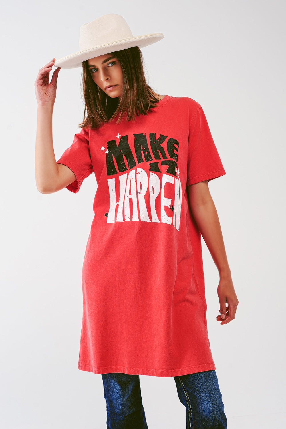 T-shirt Dress with Make It Happen Text in Red Q2 Dresses BoutiqueLua