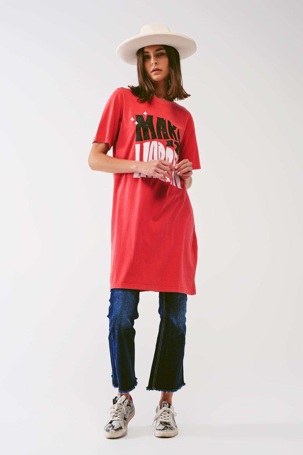 T-shirt Dress with Make It Happen Text in Red Q2 Dresses BoutiqueLua