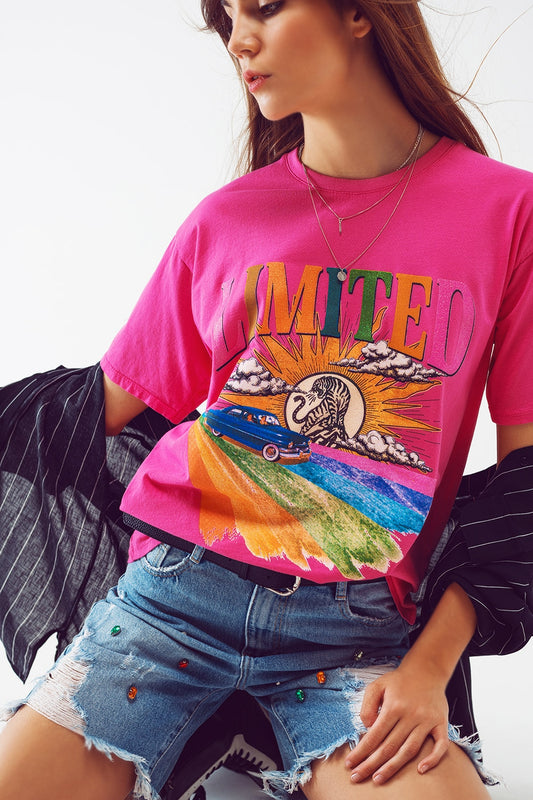T-Shirt with Limited Graphic Print in Fuchsia - Tops