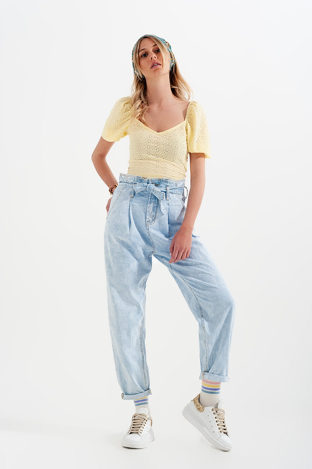 Tapered leg jeans with paper bag waist in light vintage wash Q2 Jeans BoutiqueLua