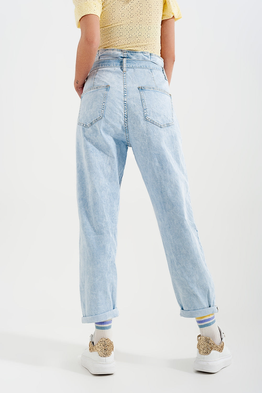 Tapered leg jeans with paper bag waist in light vintage wash Q2 Jeans BoutiqueLua