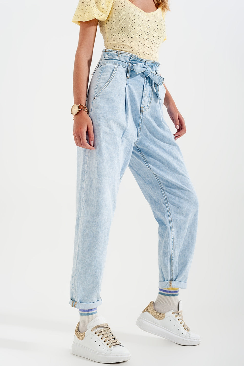 Tapered leg jeans with paper bag waist in light vintage wash Q2 Jeans BoutiqueLua