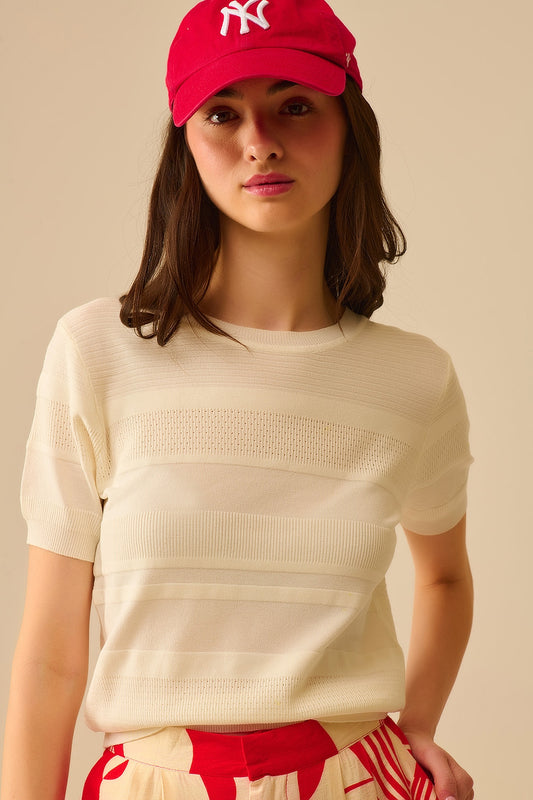 Textured Stripe Knit Sweater in White - Jumpers