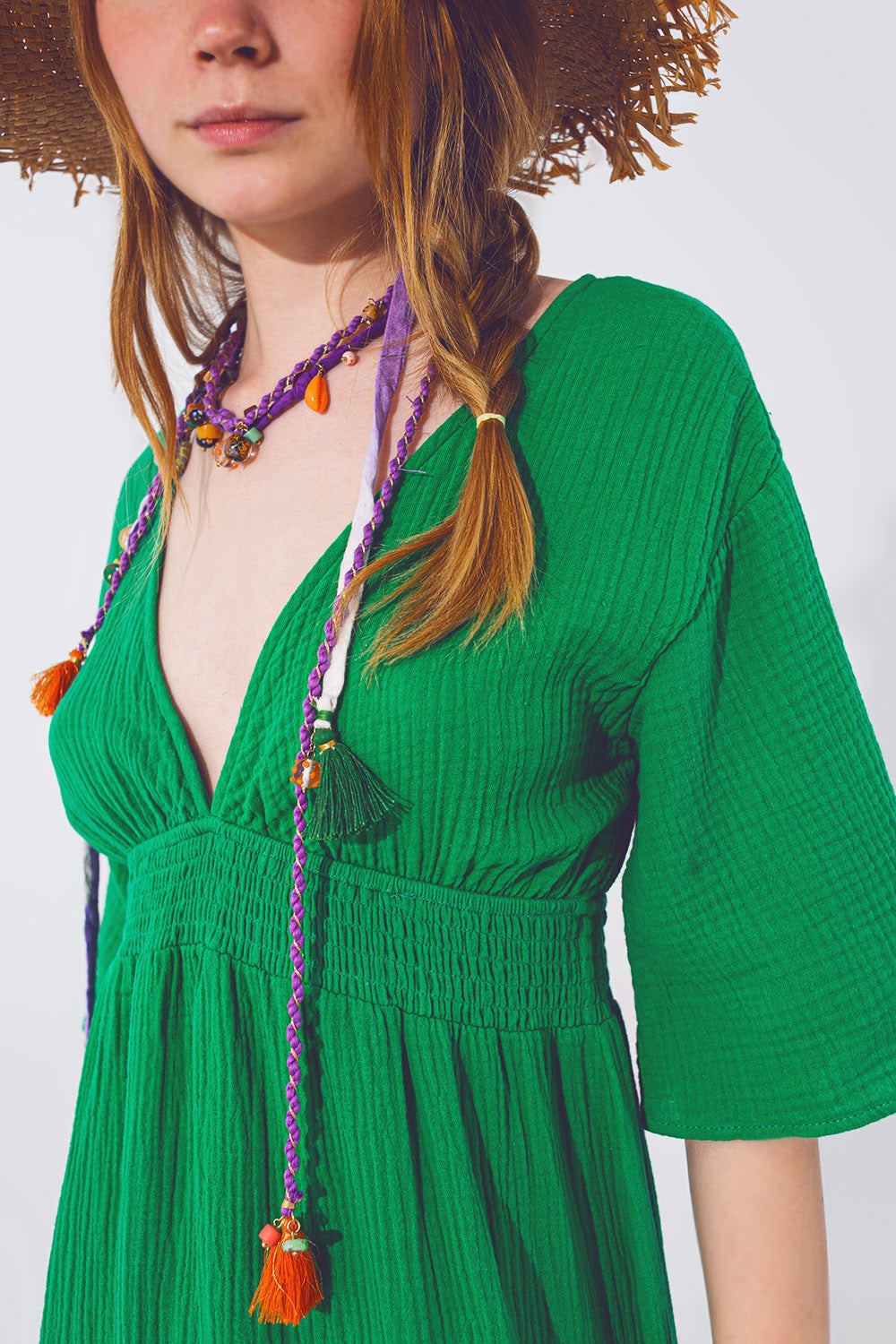 Textured V-Neck Maxi Dress in Green Q2 Dresses BoutiqueLua