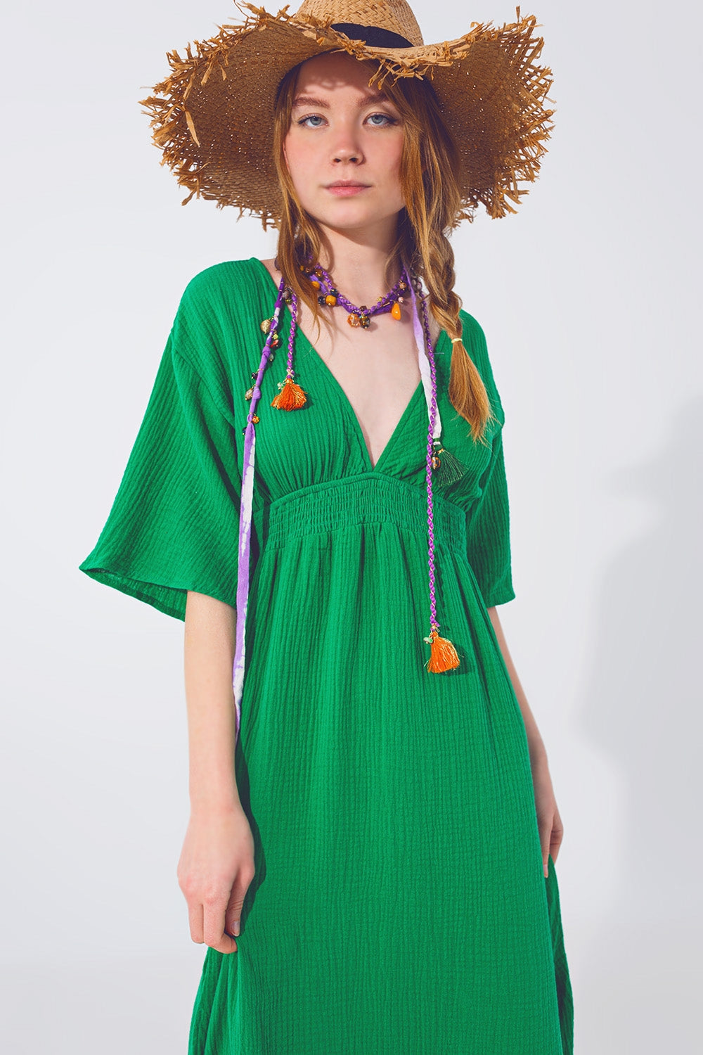 Textured V-Neck Maxi Dress in Green Q2 Dresses BoutiqueLua