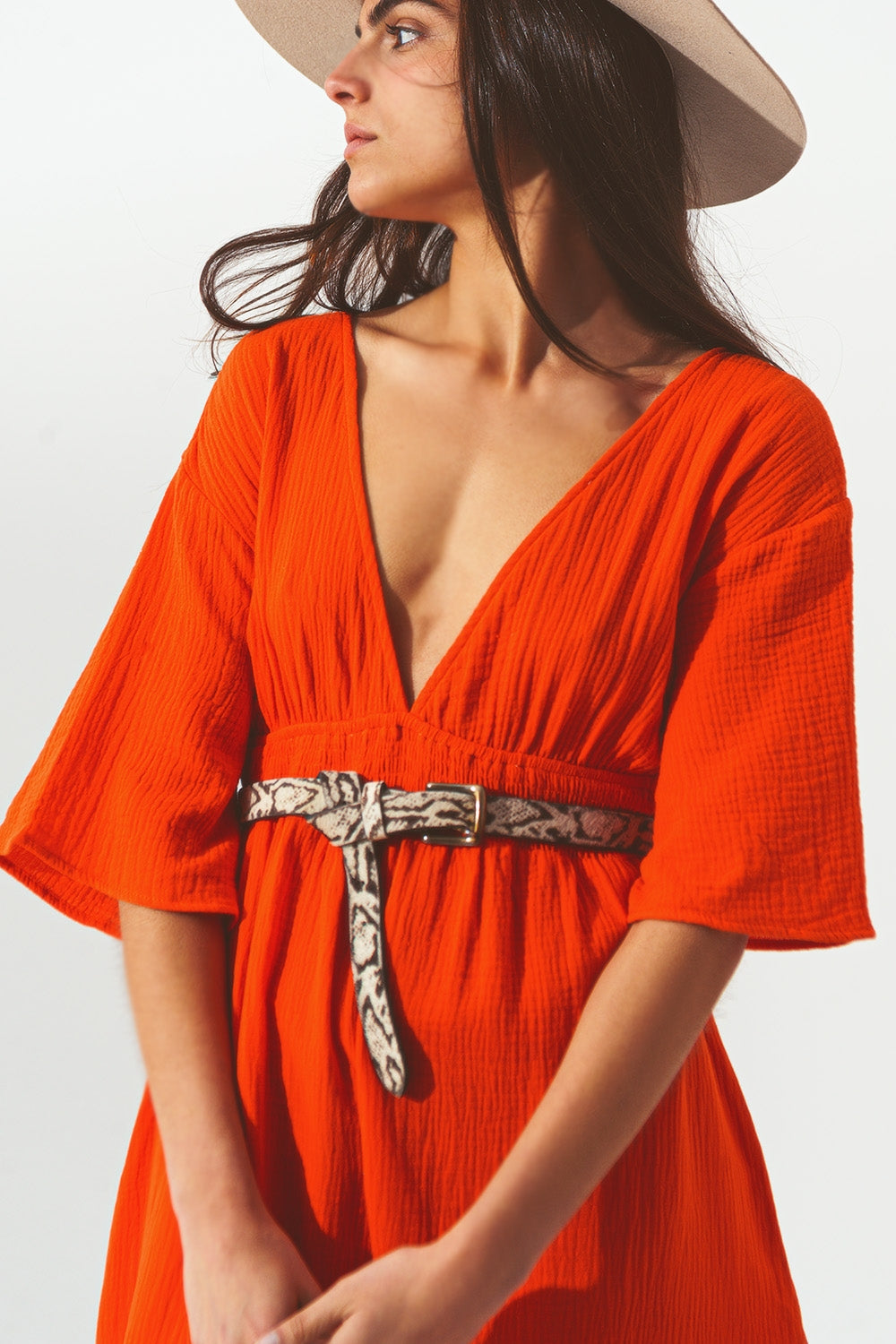 Textured V-Neck Maxi Dress in Orange Q2 Dresses BoutiqueLua