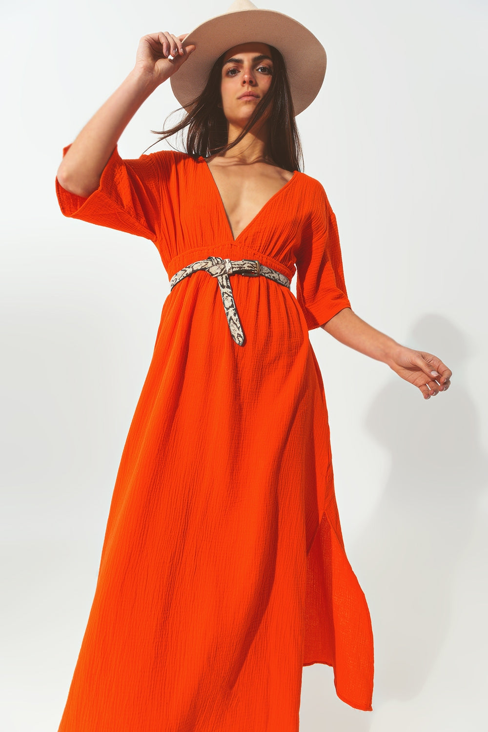 Textured V-Neck Maxi Dress in Orange Q2 Dresses BoutiqueLua