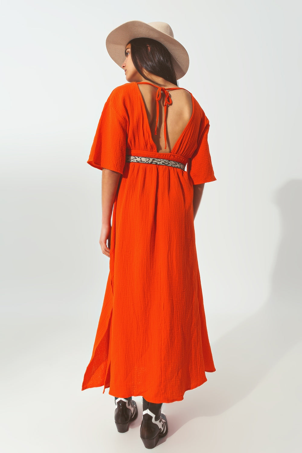 Textured V-Neck Maxi Dress in Orange Q2 Dresses BoutiqueLua